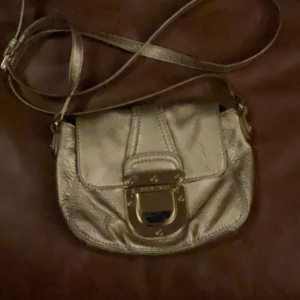 Michael Kors Gold Leather Small Crossbody Purse 8” by 6” by 2 “, 21” strapdrop
